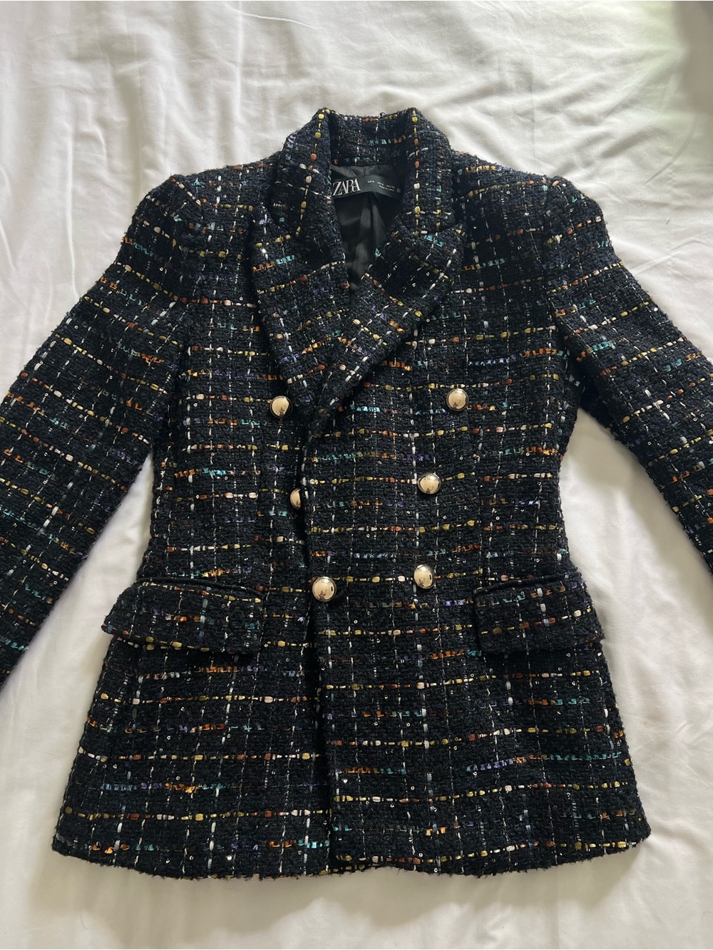 Zara Black Tweed Double-Breasted Blazer with Gold Buttons and Multicolor Flecks
